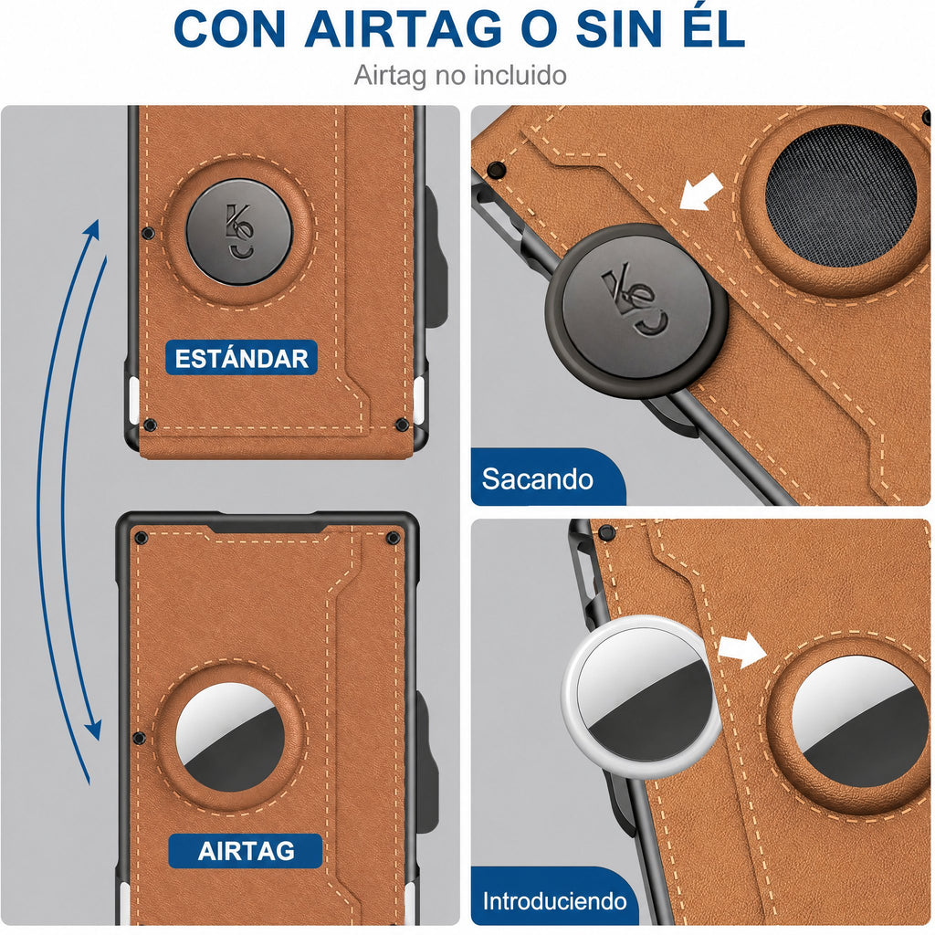 Cartera AirTag para hombre - con tarjetero emergente de aluminio, clip para billetes, cuero fino, ranuras para tarjetas 