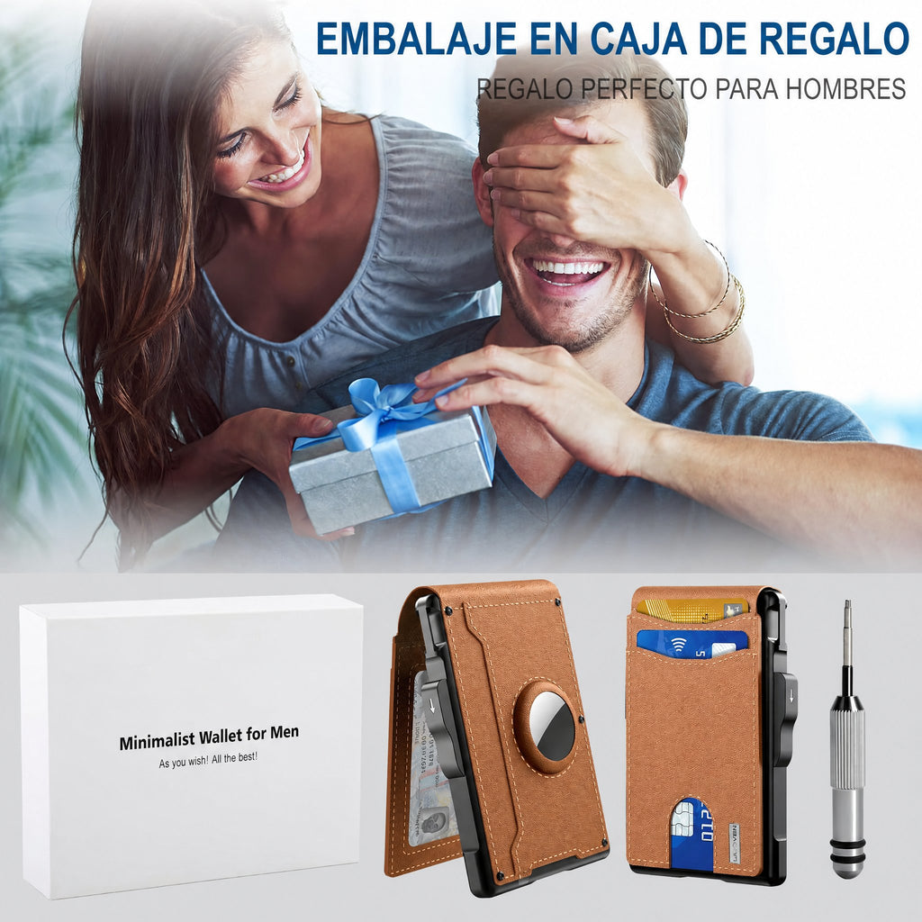Cartera AirTag para hombre - con tarjetero emergente de aluminio, clip para billetes, cuero fino, ranuras para tarjetas 