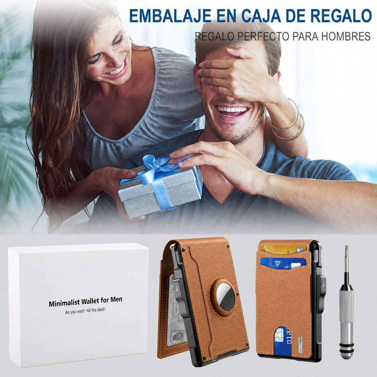 Cartera AirTag para hombre - con tarjetero emergente de aluminio, clip para billetes, cuero fino, ranuras para tarjetas 