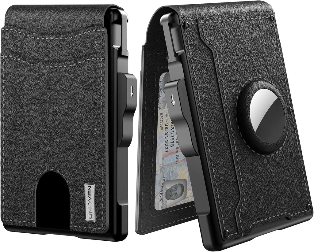 Cartera AirTag para hombre - con tarjetero emergente de aluminio, clip para billetes, cuero fino, ranuras para tarjetas 