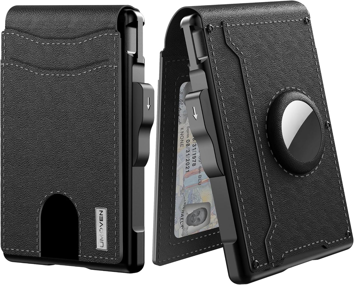 Cartera AirTag para hombre - con tarjetero emergente de aluminio, clip para billetes, cuero fino, ranuras para tarjetas 