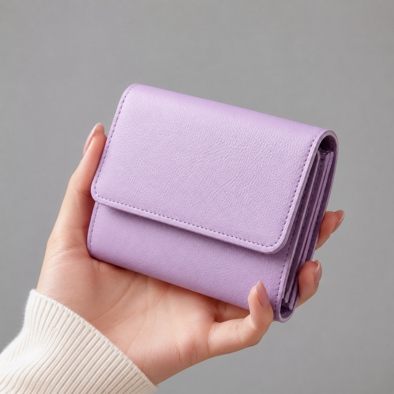 Cartera lila con diseño elegante y compacto