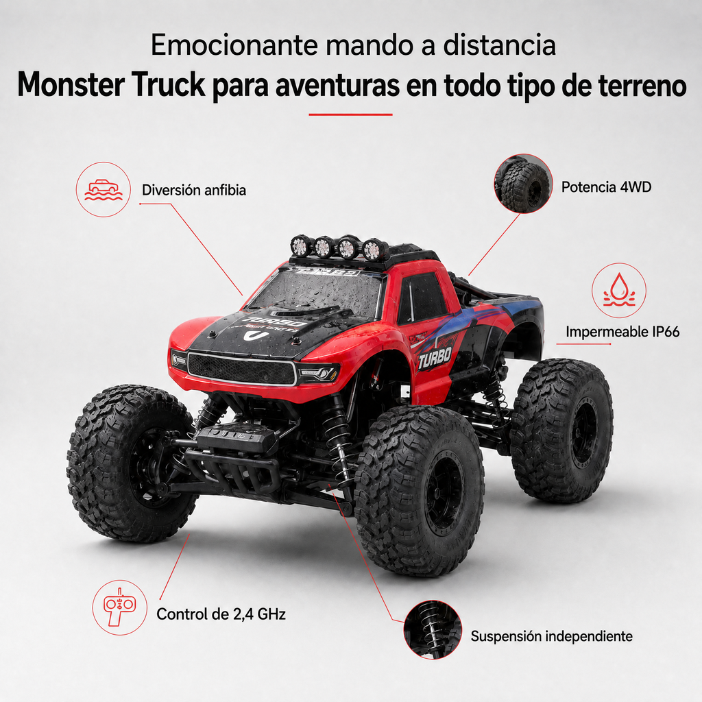 Coche monstruo anfibio teledirigido para aventuras todoterreno