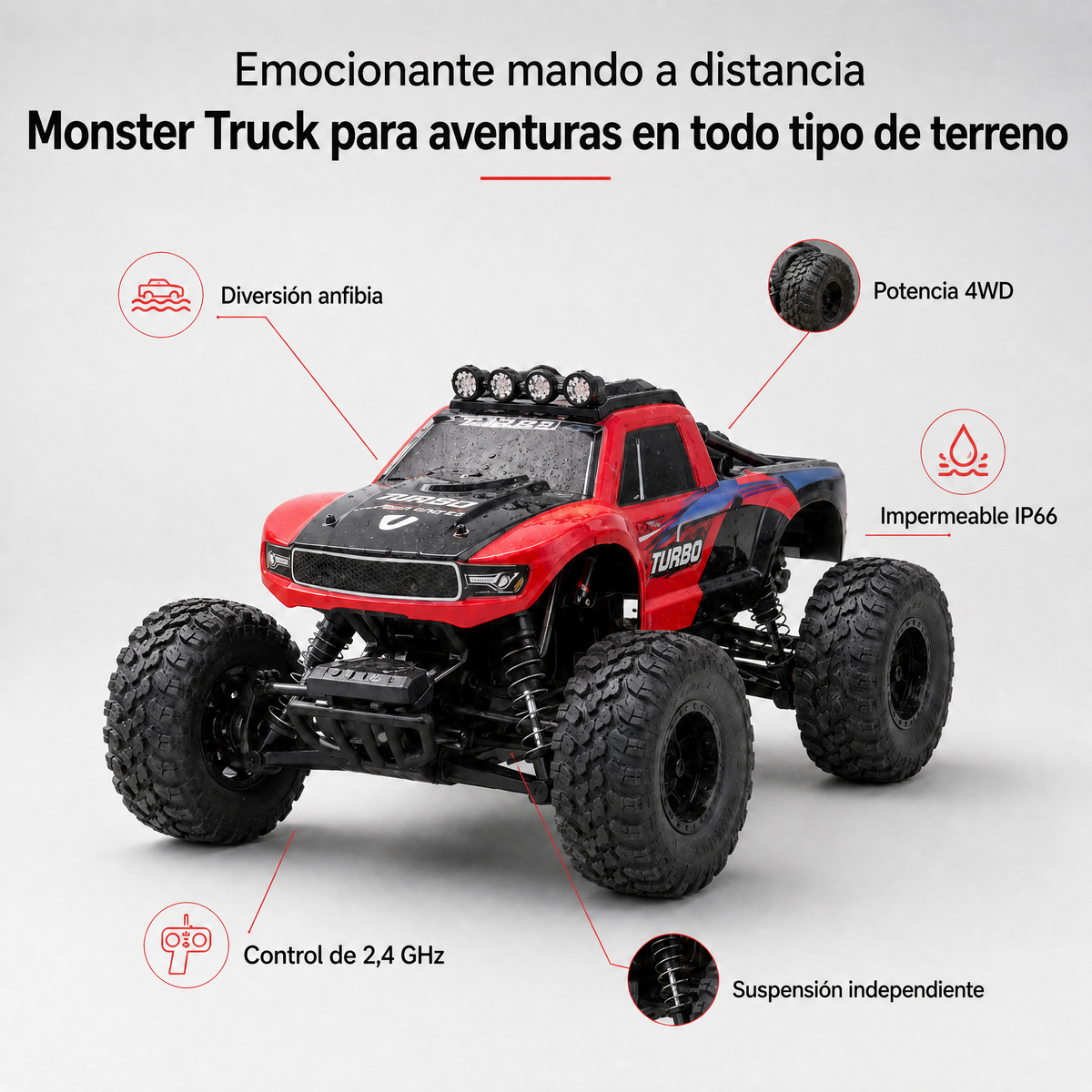 Coche monstruo anfibio teledirigido para aventuras todoterreno