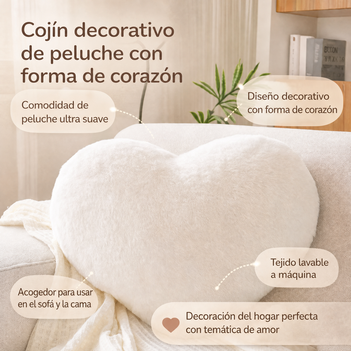 Cojín decorativo de sofá, de peluche, en forma de corazón
