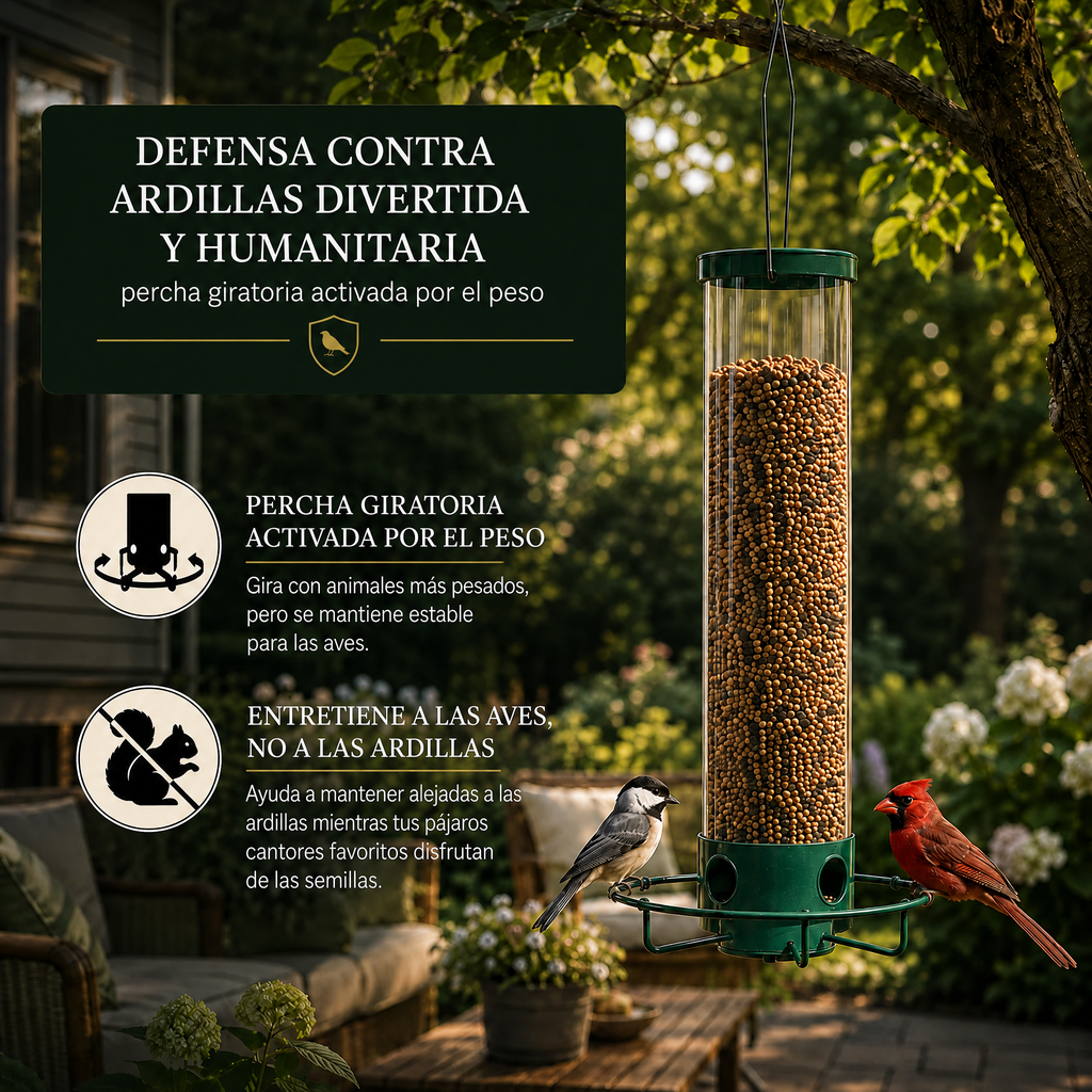 Comedero para pájaros a prueba de ardillas con percha giratoria
