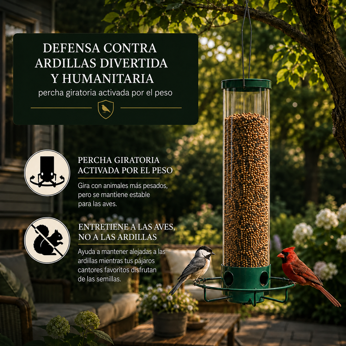 Comedero para pájaros a prueba de ardillas con percha giratoria