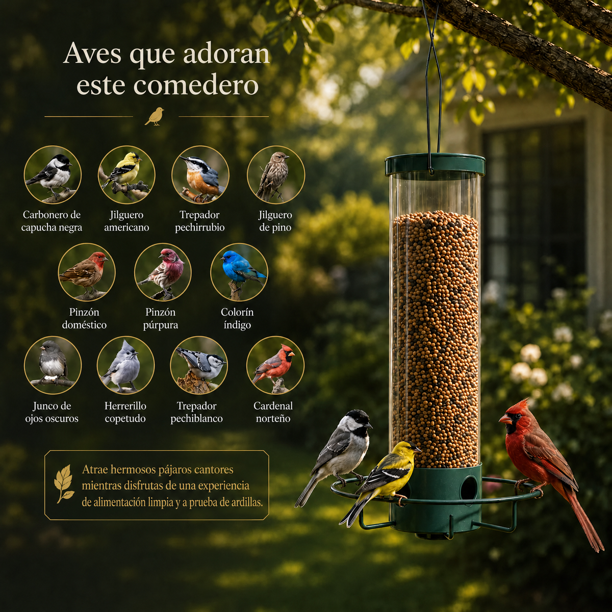 Comedero para pájaros a prueba de ardillas con percha giratoria
