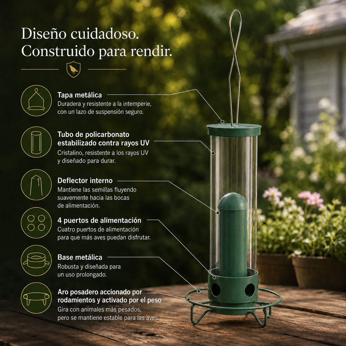 Comedero para pájaros a prueba de ardillas con percha giratoria
