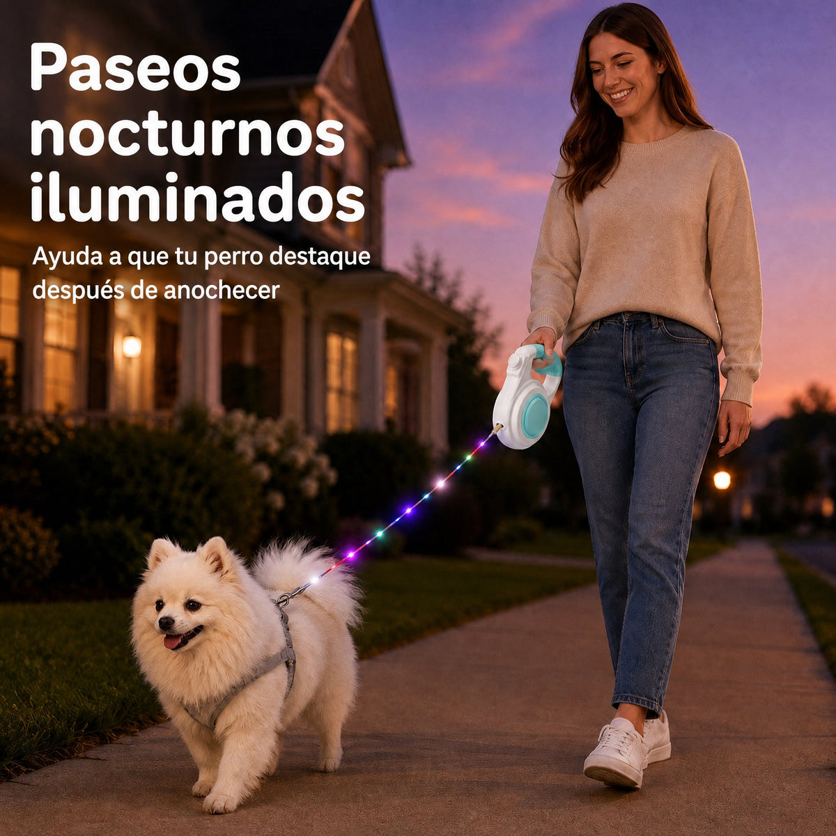 correa extensible para perros con luz recargable para paseos nocturnos - Ayuda a que los perros pequeños se mantengan vi