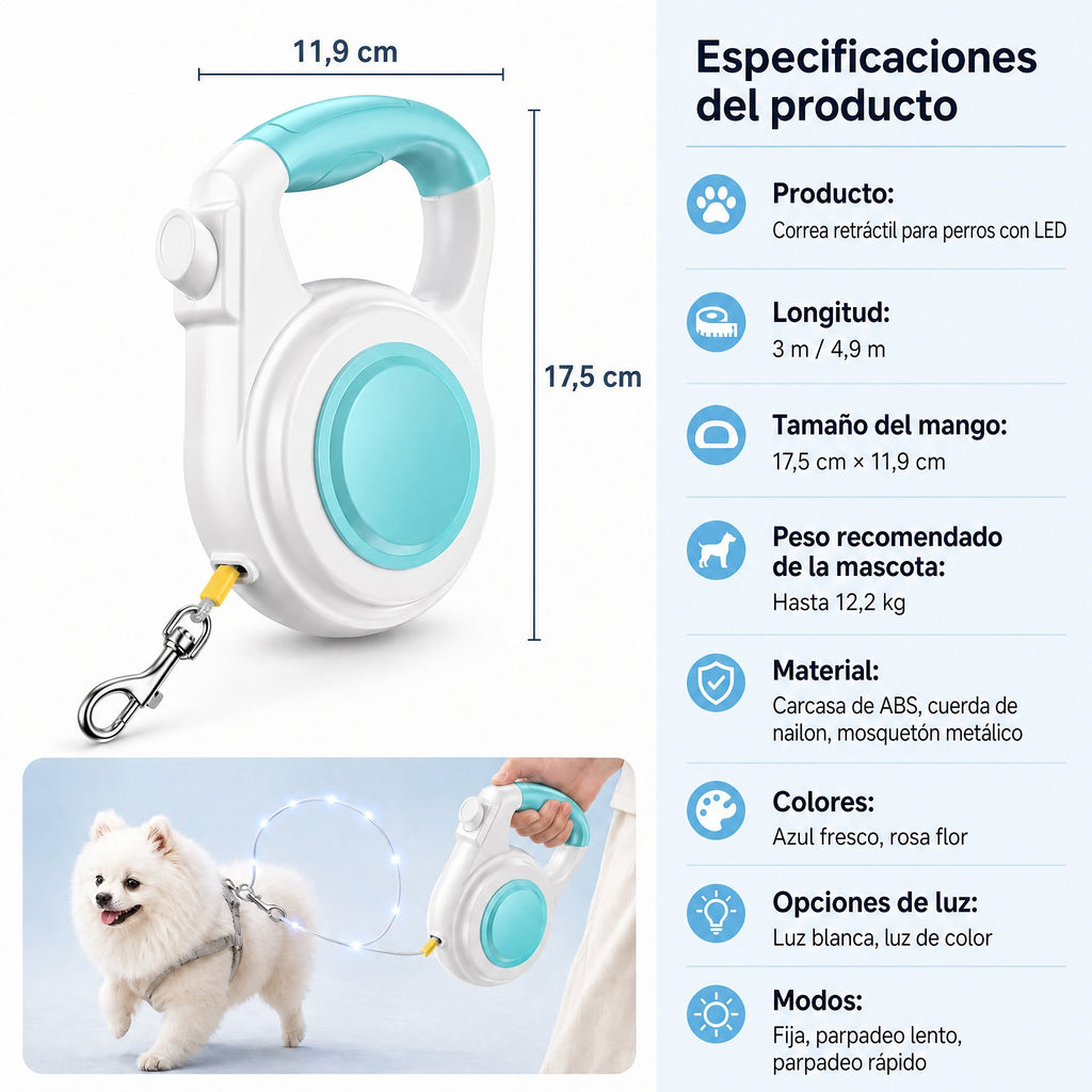 correa extensible para perros con luz recargable para paseos nocturnos - Ayuda a que los perros pequeños se mantengan vi