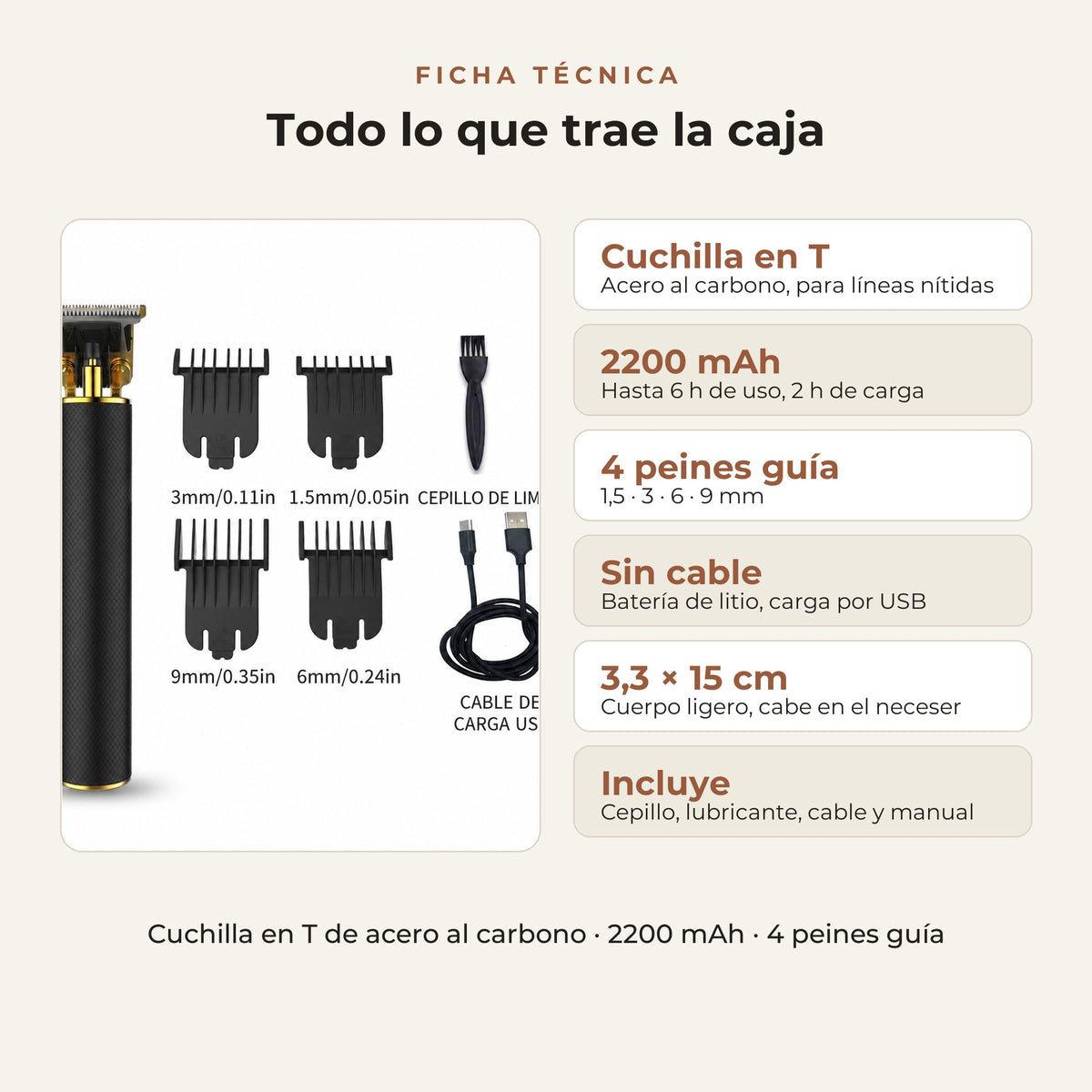 Cortapelos profesional sin cable con cuchilla en T para barba