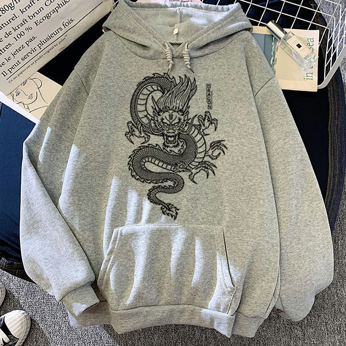 Sudadera con capucha cálida para hombre - Estampado de dragón, poliéster, estilo casual
