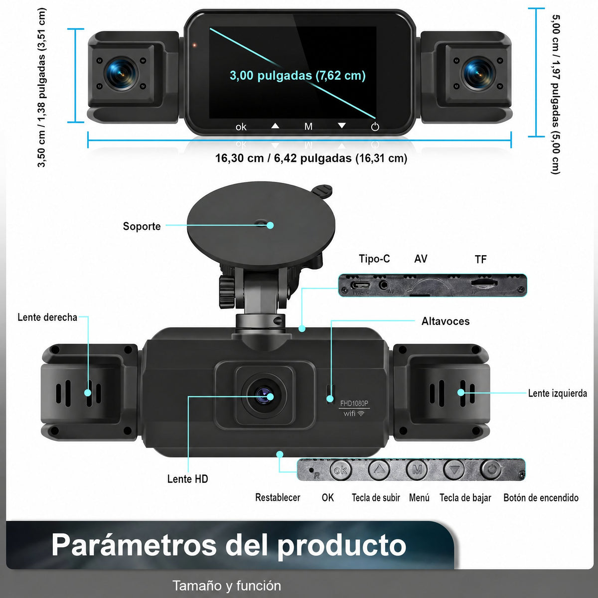Dash cam inalámbrica delantera y trasera para coche con visión nocturna