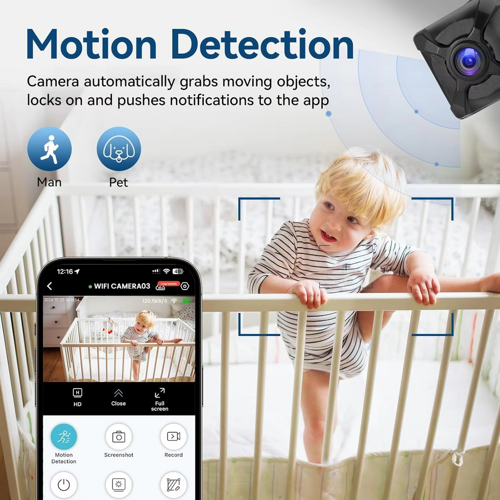Mini cámara de seguridad inalámbrica 4K con detección de movimiento y batería recargable