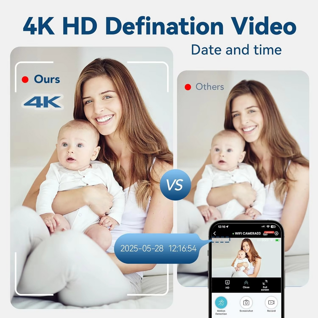 Mini cámara de seguridad inalámbrica 4K con detección de movimiento y batería recargable