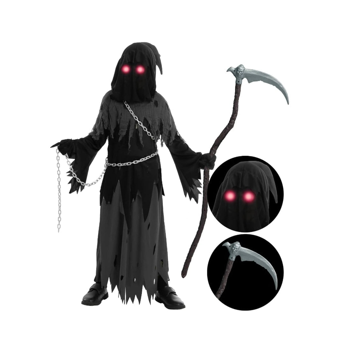 Disfraz infantil de Halloween de Muerte Túnica con Capucha con Ojos Luminosos