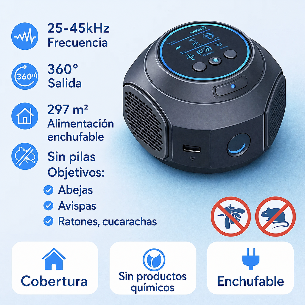 Dispositivo repelente ultrasónico para abejas y avispas | Sin productos químicos. Cobertura de 360° para el control de p