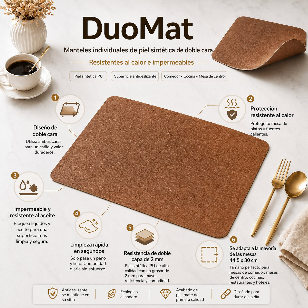 DuoMat | Manteles individuales de cuero sintético de doble cara | Resistentes al calor e impermeables