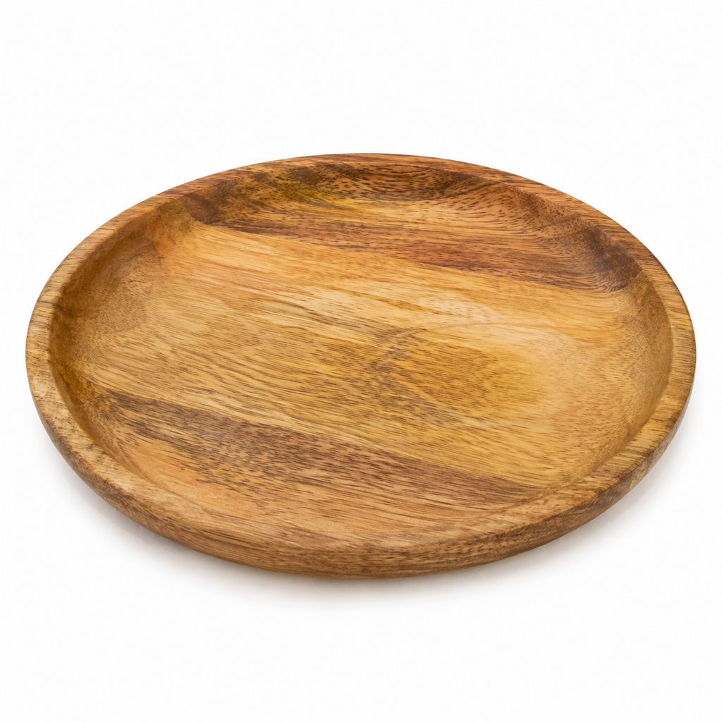 Plato redondo de madera de acacia visto desde arriba