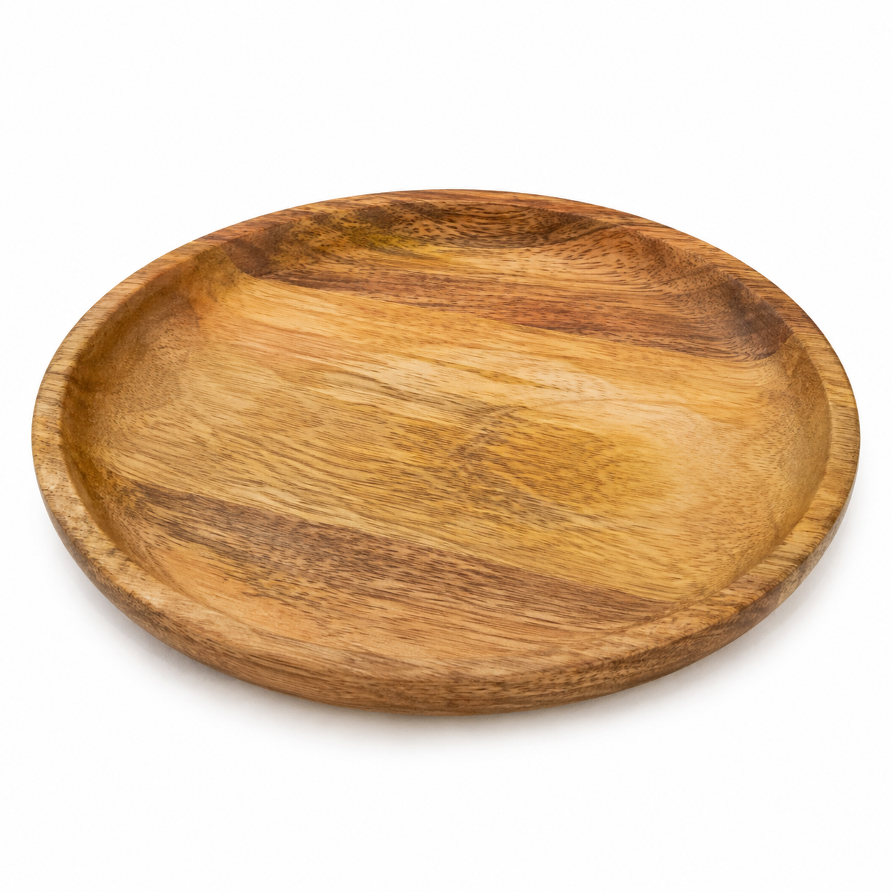 Plato redondo de madera de acacia visto desde arriba