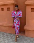 Vestido midi de invitada de boda con aberturas florales para mujer - Elegante y favorecedor