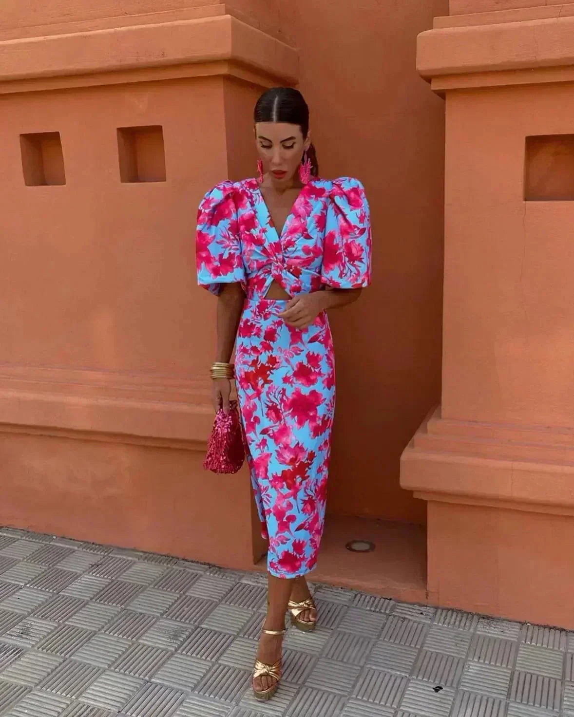Vestido midi de invitada de boda con aberturas florales para mujer - Elegante y favorecedor