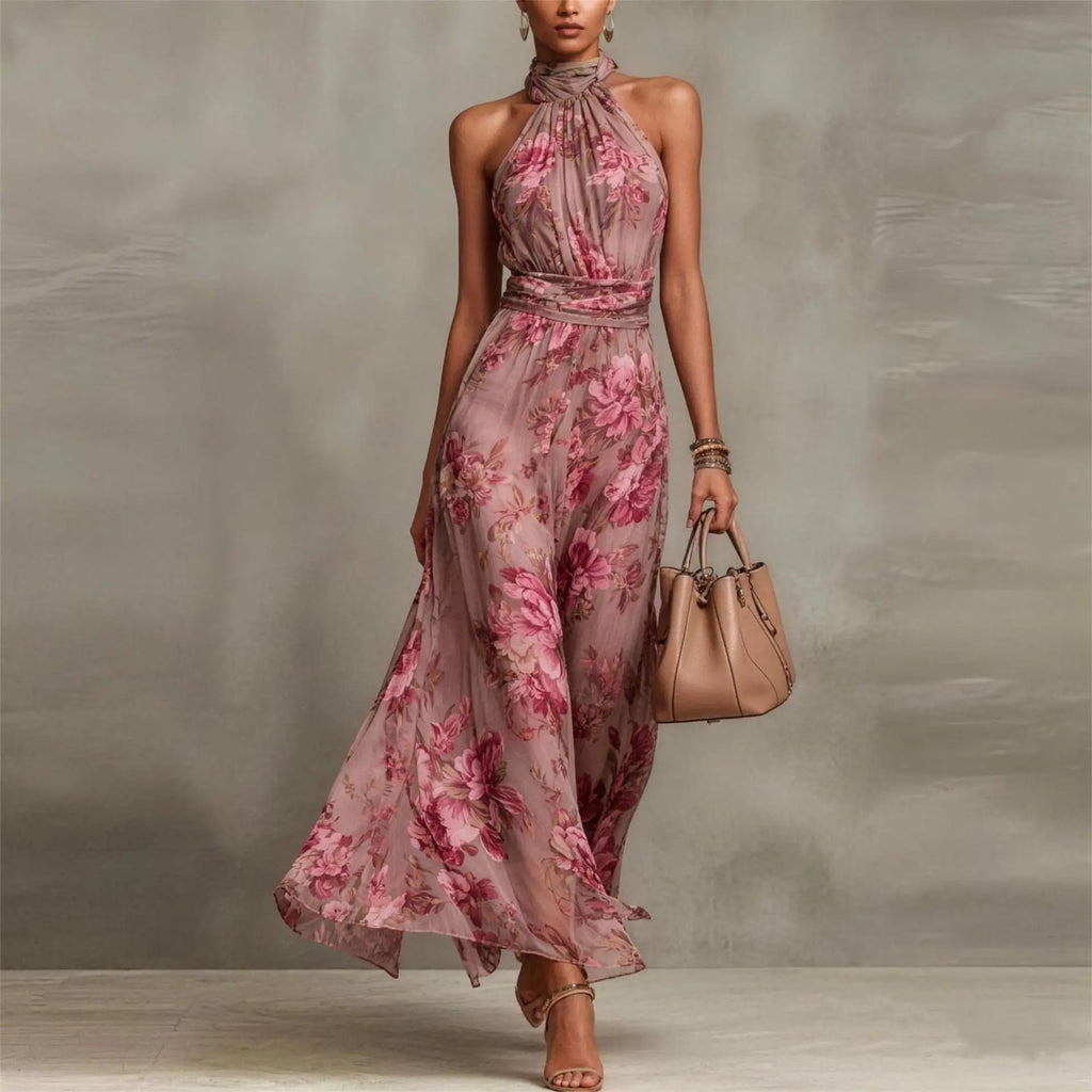 Vestido largo elegante de invitada de boda con estampado floral para mujer