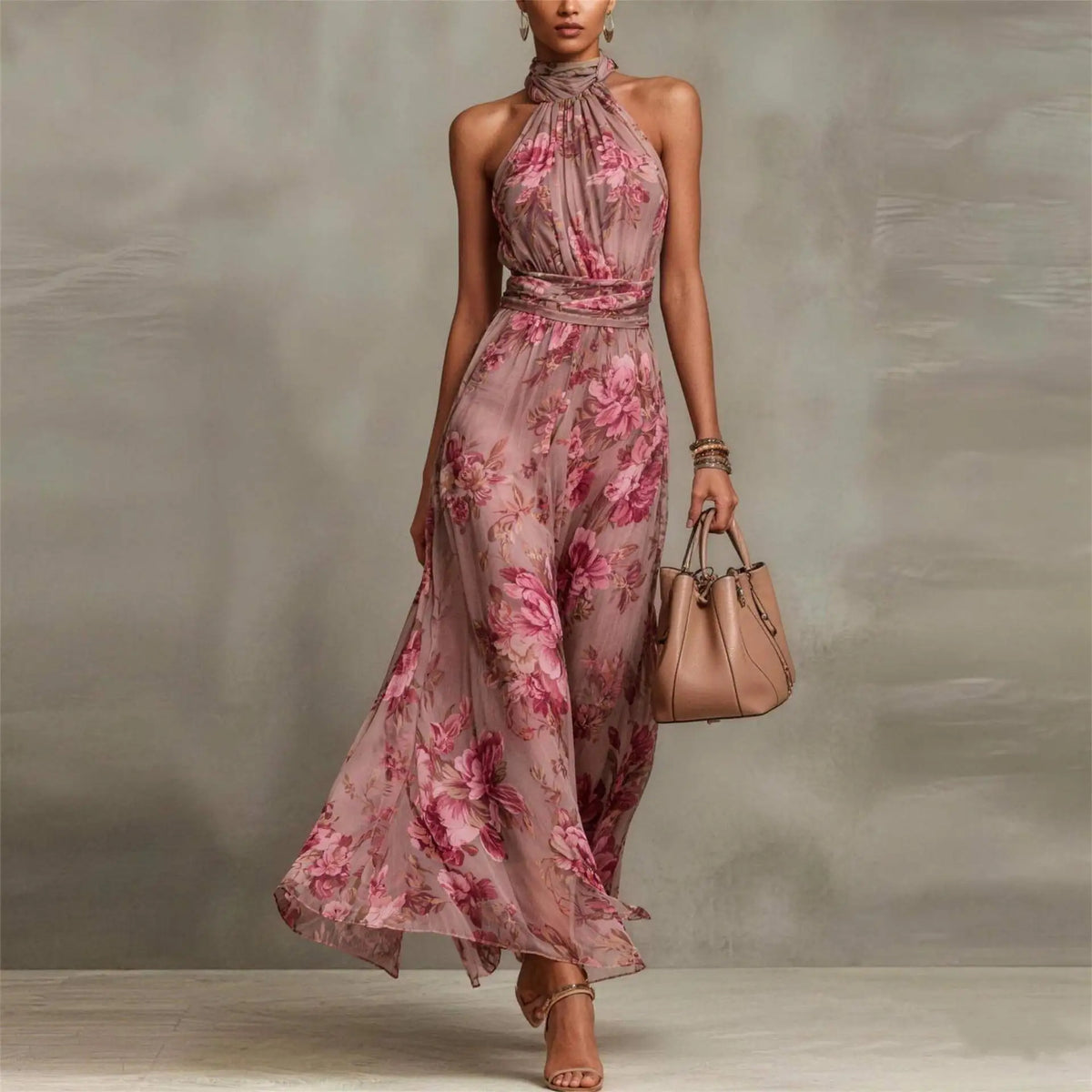 Vestido largo elegante de invitada de boda con estampado floral para mujer