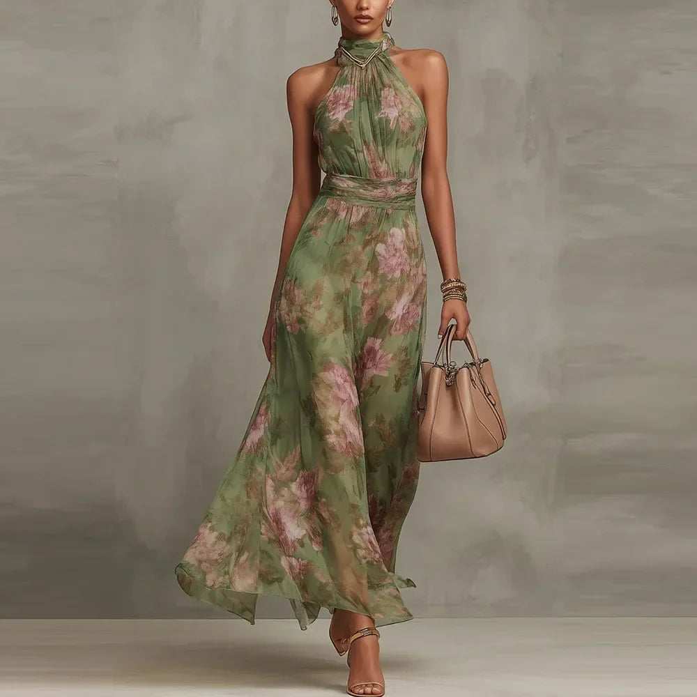 Vestido largo elegante de invitada de boda con estampado floral para mujer