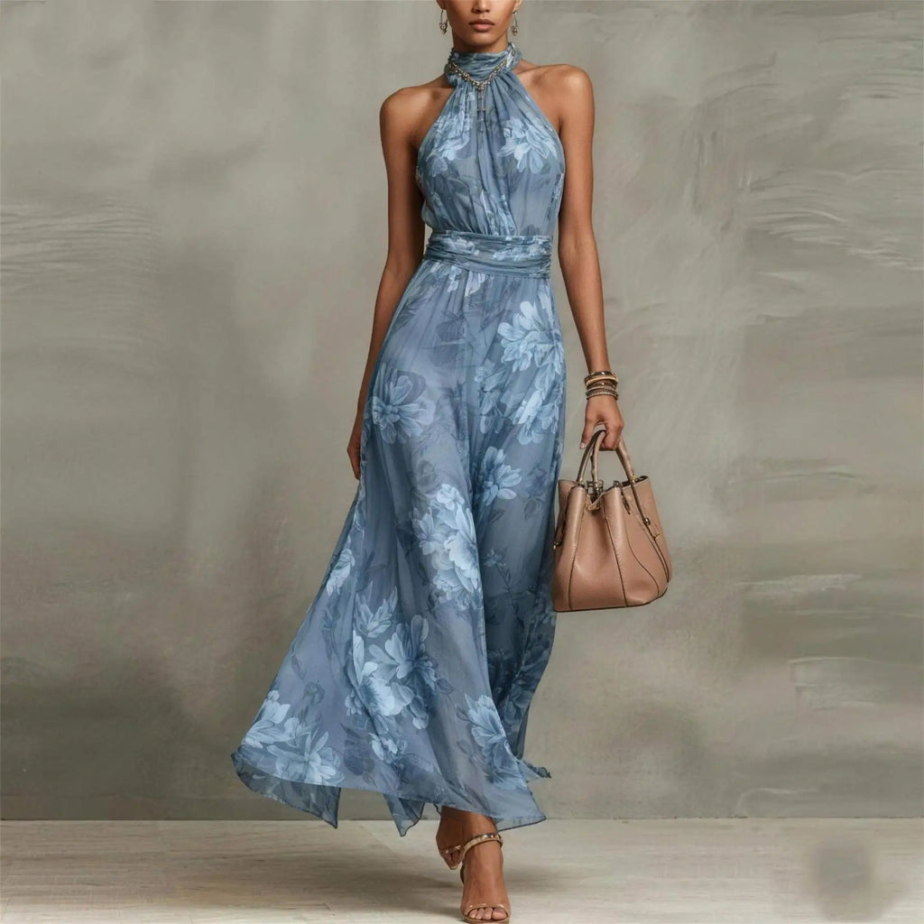 Vestido largo elegante de invitada de boda con estampado floral para mujer