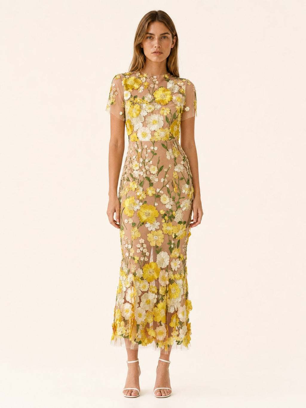 Vestido midi floral para invitada de boda - Elegante cuello redondo y manga corta para mujer