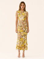 Vestido midi floral para invitada de boda - Elegante cuello redondo y manga corta para mujer