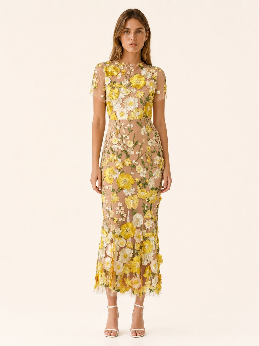 Vestido midi floral para invitada de boda - Elegante cuello redondo y manga corta para mujer