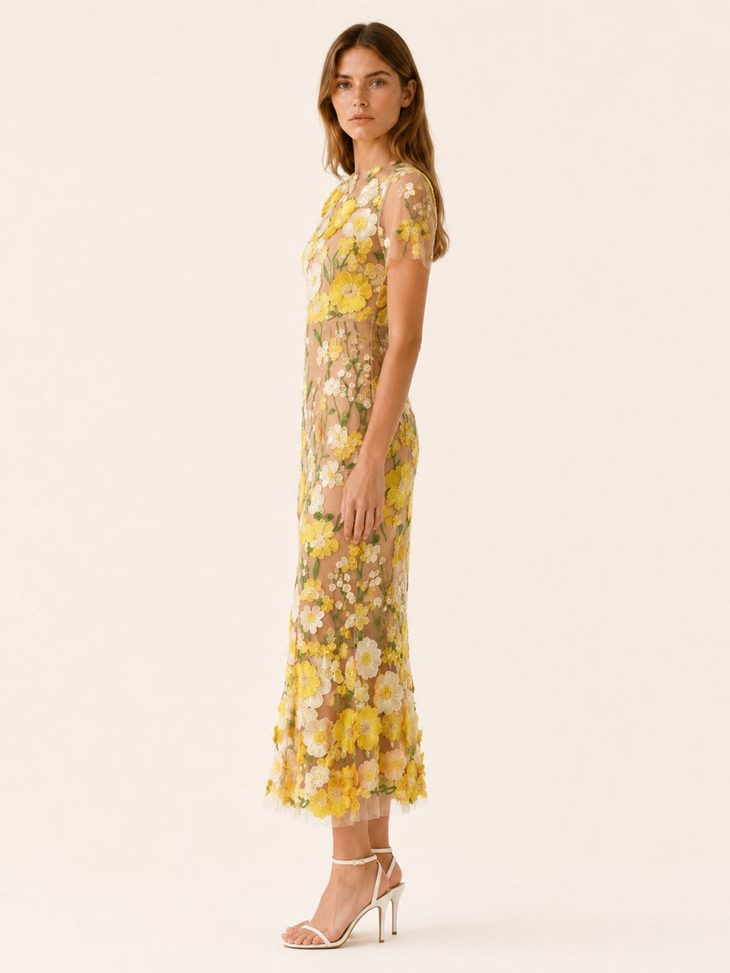 Vestido midi floral para invitada de boda - Elegante cuello redondo y manga corta para mujer