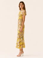Vestido midi floral para invitada de boda - Elegante cuello redondo y manga corta para mujer