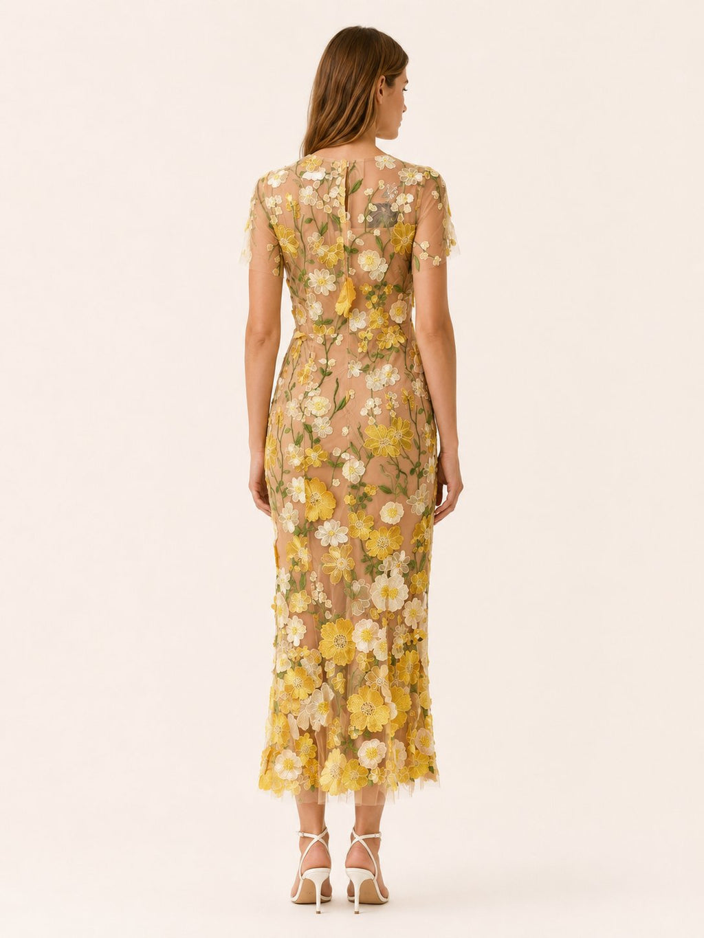 Vestido midi floral para invitada de boda - Elegante cuello redondo y manga corta para mujer