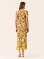Vestido midi floral para invitada de boda - Elegante cuello redondo y manga corta para mujer