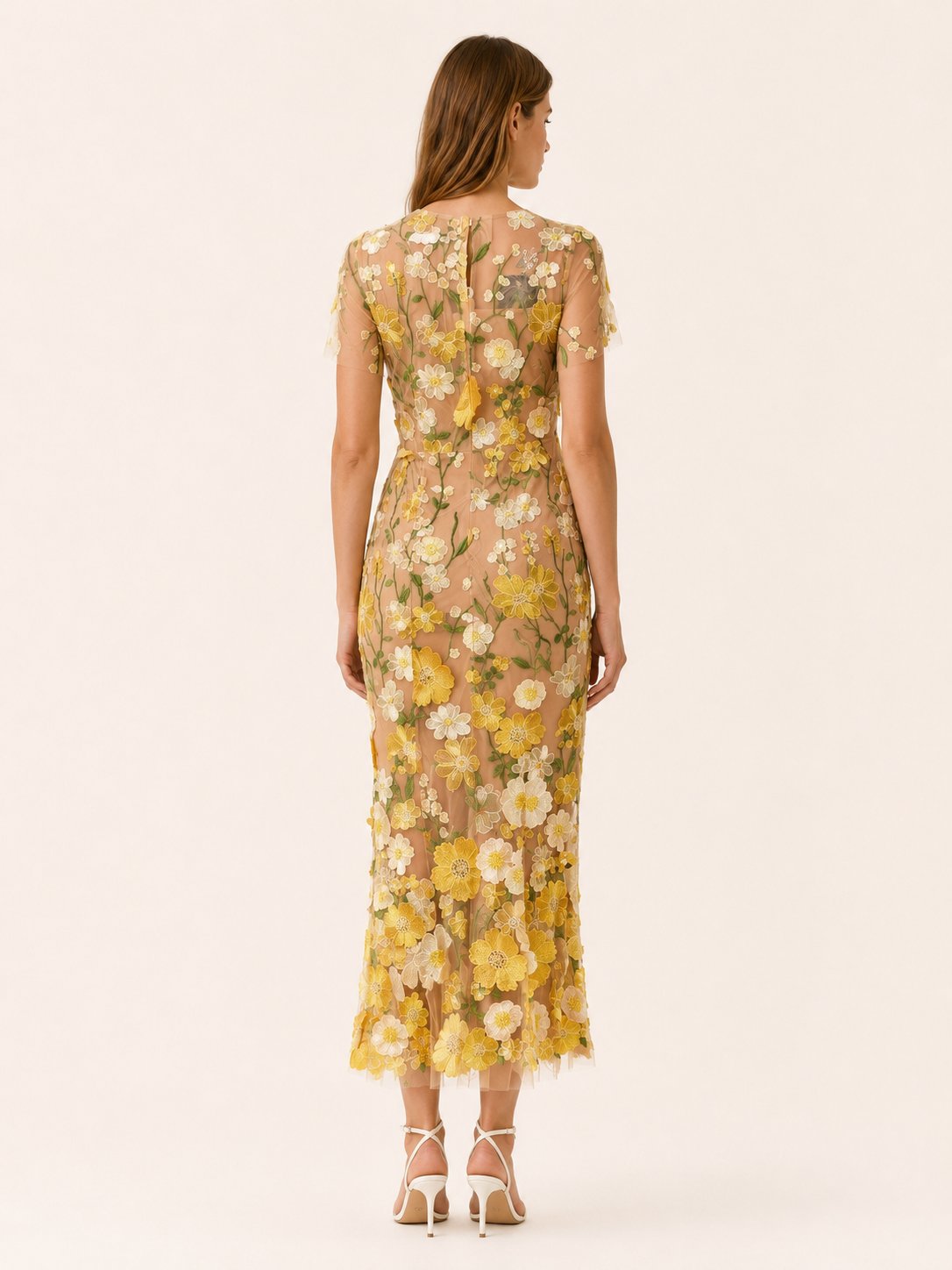 Vestido midi floral para invitada de boda - Elegante cuello redondo y manga corta para mujer