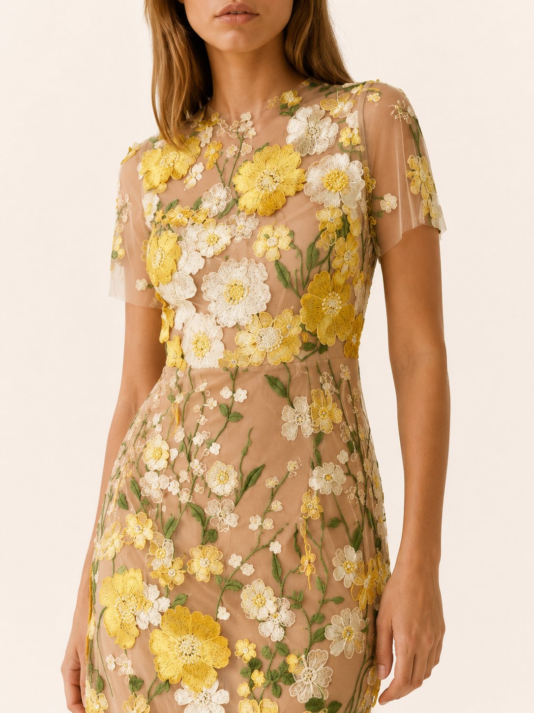 Vestido midi floral para invitada de boda - Elegante cuello redondo y manga corta para mujer