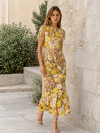 Vestido midi floral para invitada de boda - Elegante cuello redondo y manga corta para mujer