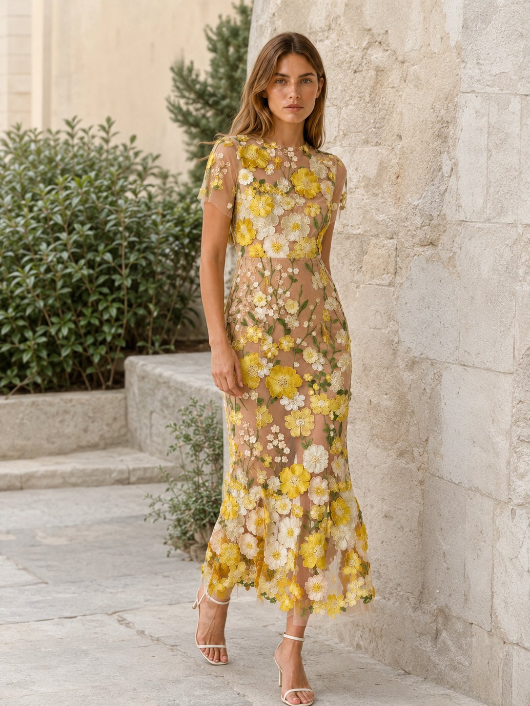 Vestido midi floral para invitada de boda - Elegante cuello redondo y manga corta para mujer
