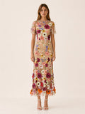 Vestido midi floral para invitada de boda - Elegante cuello redondo y manga corta para mujer