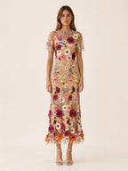 Vestido midi floral para invitada de boda - Elegante cuello redondo y manga corta para mujer