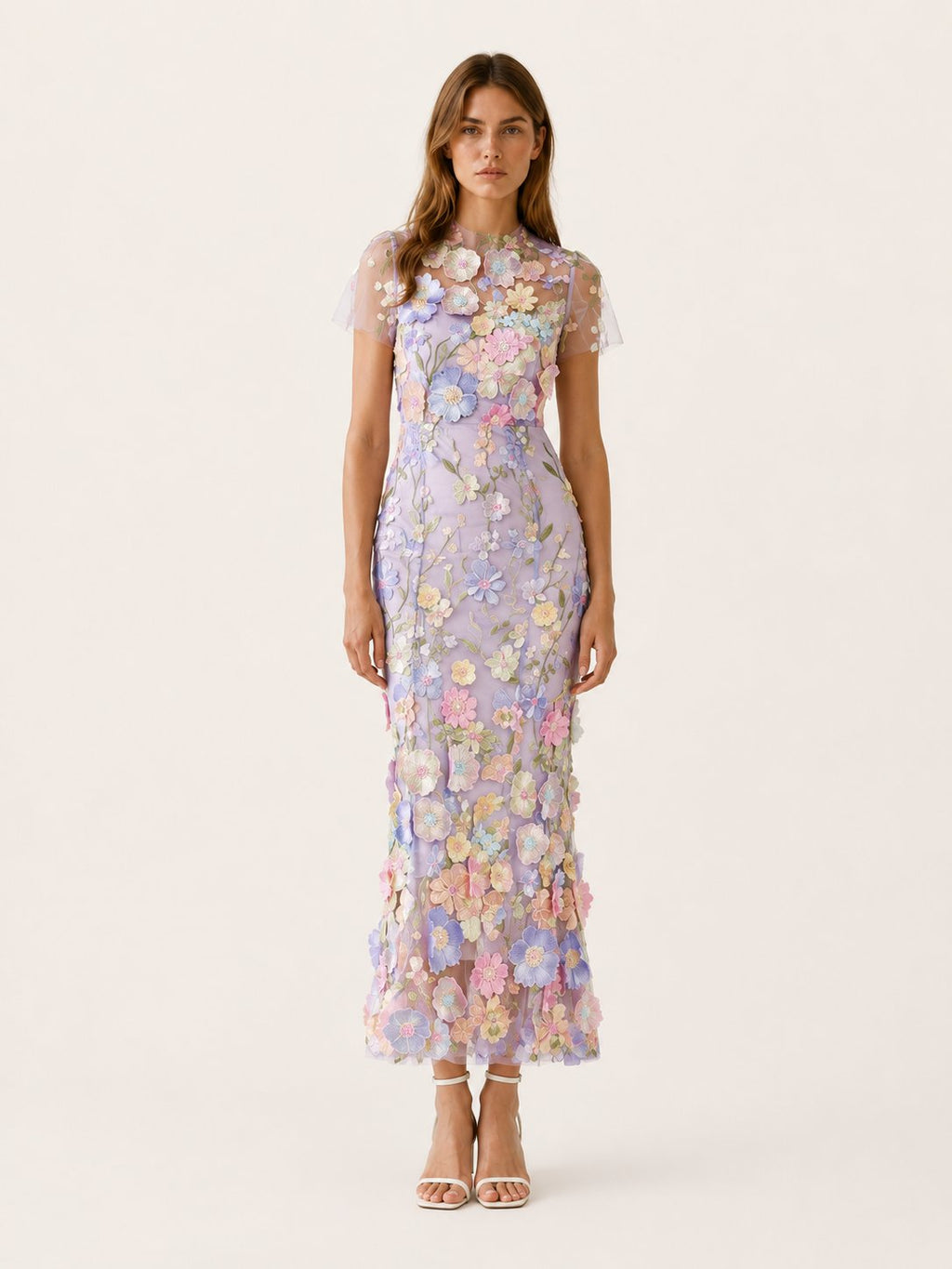 Vestido midi floral para invitada de boda - Elegante cuello redondo y manga corta para mujer