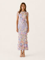Vestido midi floral para invitada de boda - Elegante cuello redondo y manga corta para mujer