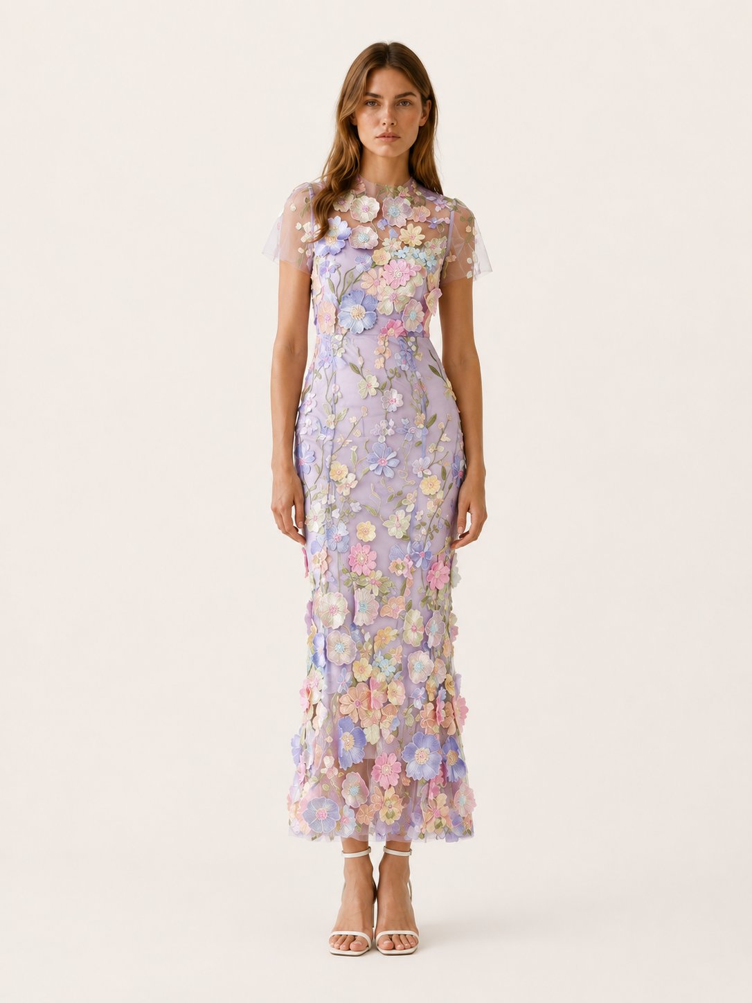 Vestido midi floral para invitada de boda - Elegante cuello redondo y manga corta para mujer