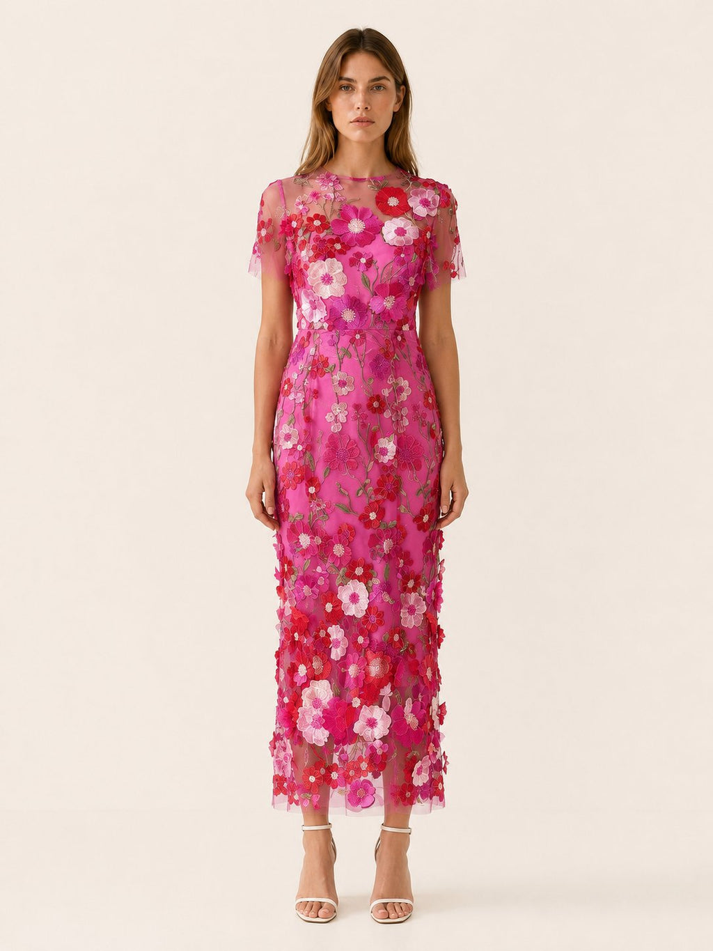 Vestido midi floral para invitada de boda - Elegante cuello redondo y manga corta para mujer