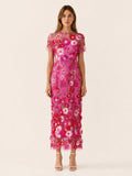 Vestido midi floral para invitada de boda - Elegante cuello redondo y manga corta para mujer