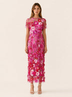 Vestido midi floral para invitada de boda - Elegante cuello redondo y manga corta para mujer